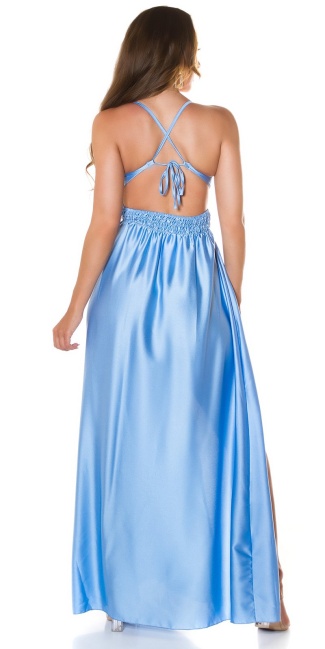 satijnlook maxi jurk met xl been split blauw